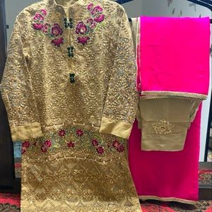 Golden Embroided Shalwar kameez with fancy embroidery neck & pants